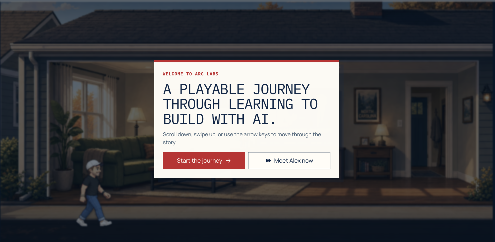 Arc Labs playable journey welcome screen over an illustrated living-room scene.