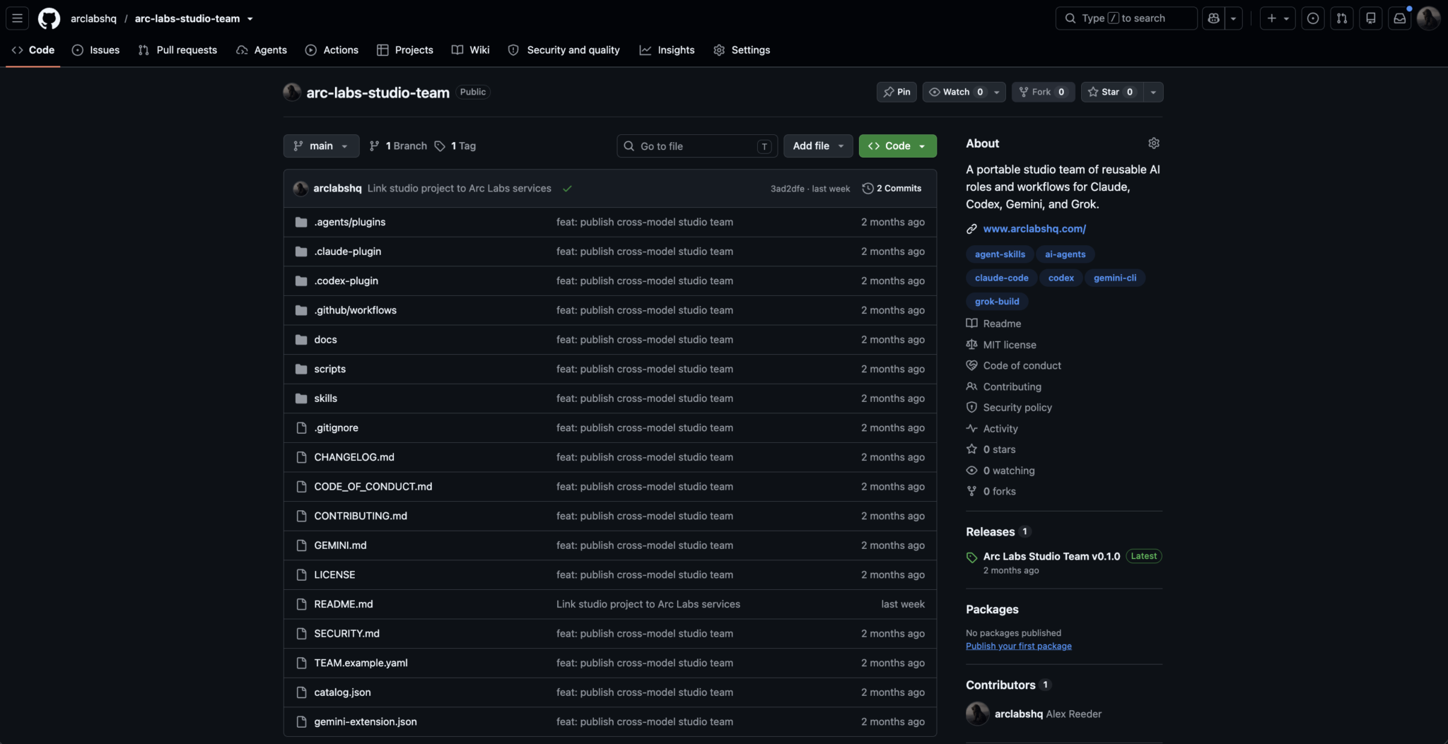 GitHub repository page for arclabshq/arc-labs-studio-team showing its public code and reusable AI workflow files.