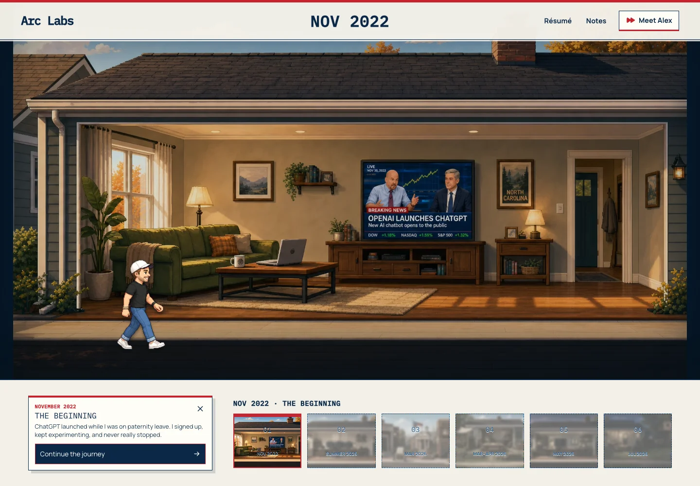 The Arc Labs game with its first chapter story open below the illustrated environment.