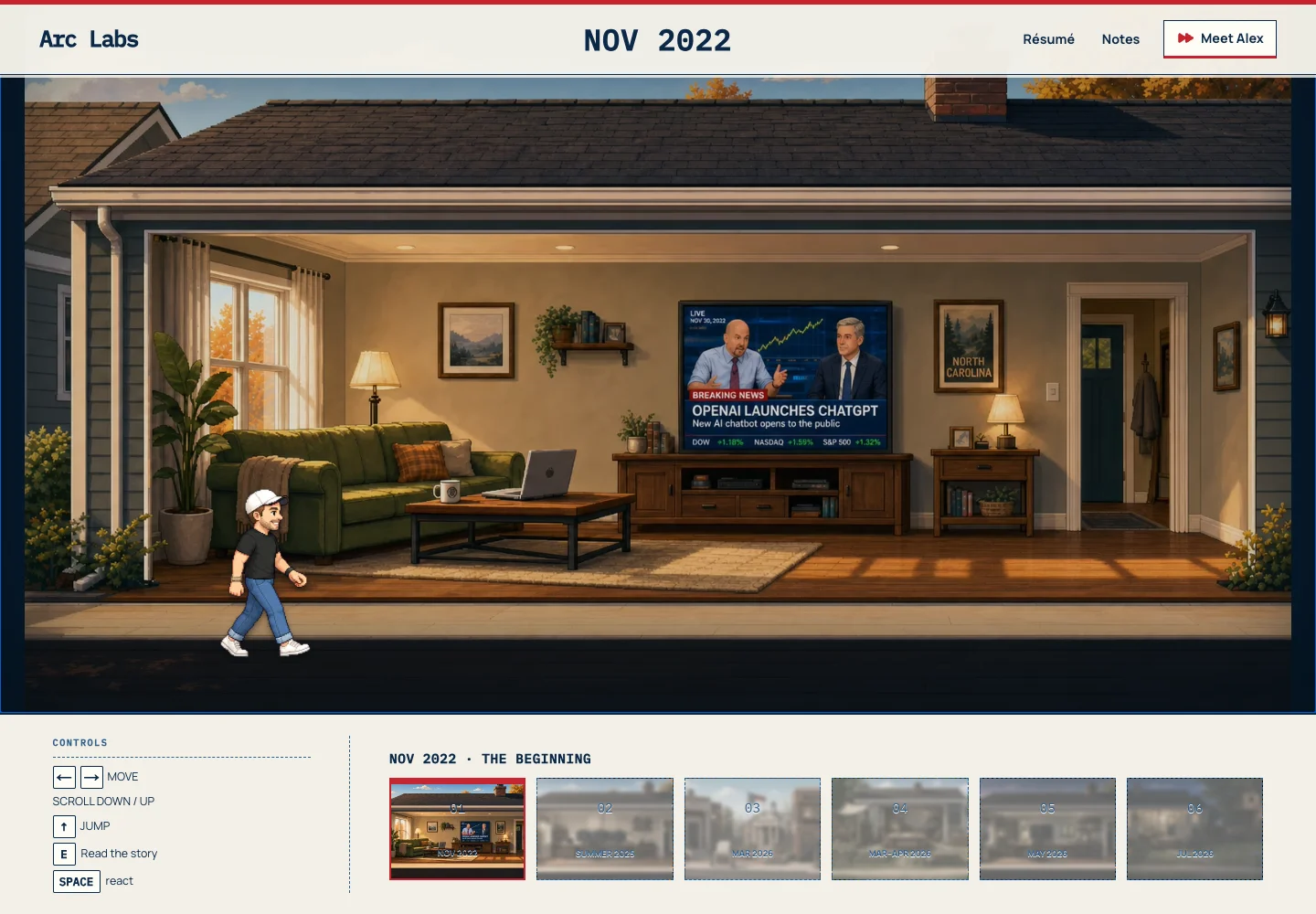 Arc Labs browser game showing a character outside an illustrated living room, a November 2022 chapter and keyboard controls.